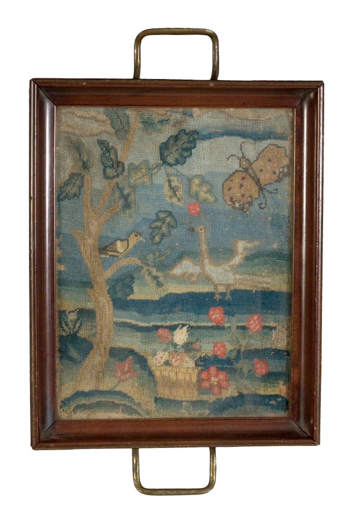 Appraisal: FRAMED NEEDLEPOINT PICTURE OF A LANDSCAPE WITH TREE BIRDS AND