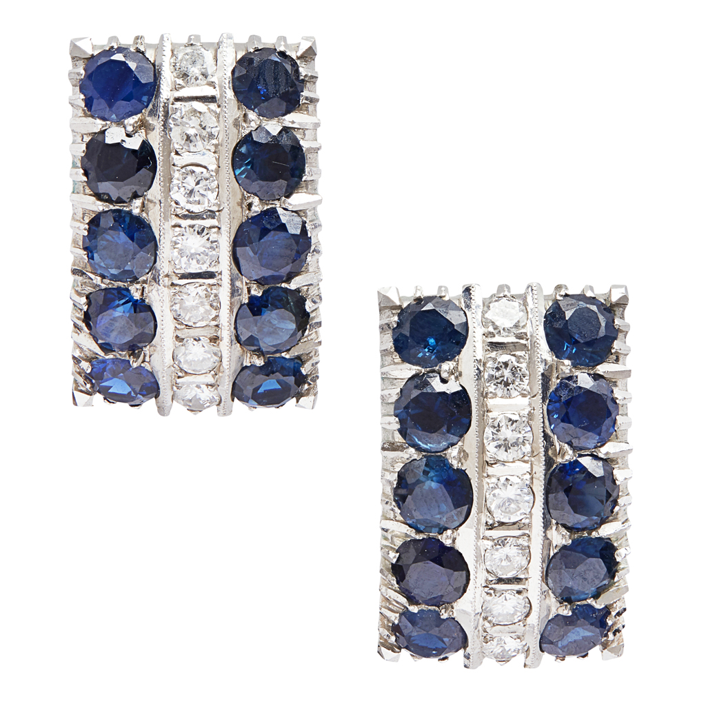 Appraisal: A pair of sapphire and diamond earringseach of curved rectangular