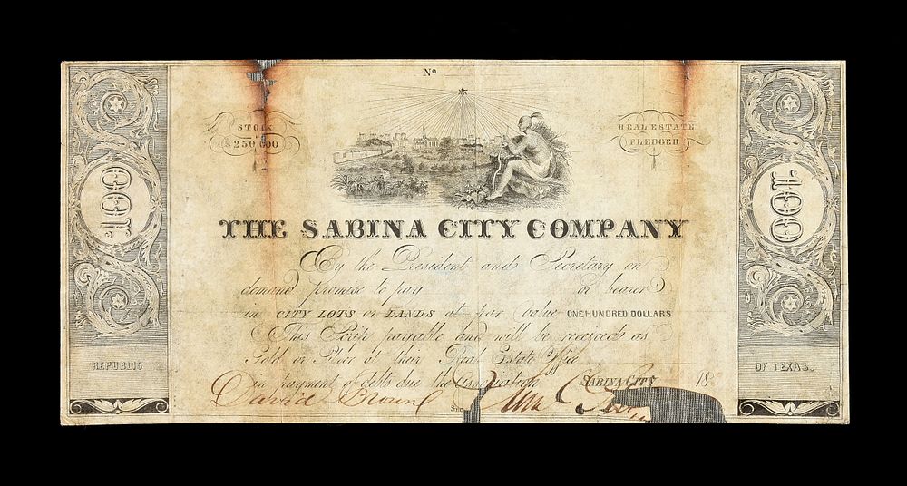 Appraisal: A REPUBLIC OF TEXAS MUNICIPAL SCRIP ISSUED BY THE SABINA