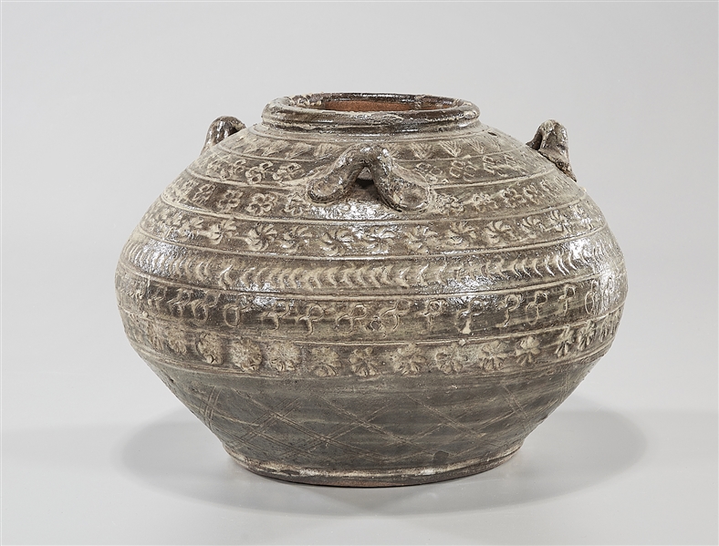 Appraisal: Asian incised glazed ceramic jar with three handles to shoulder