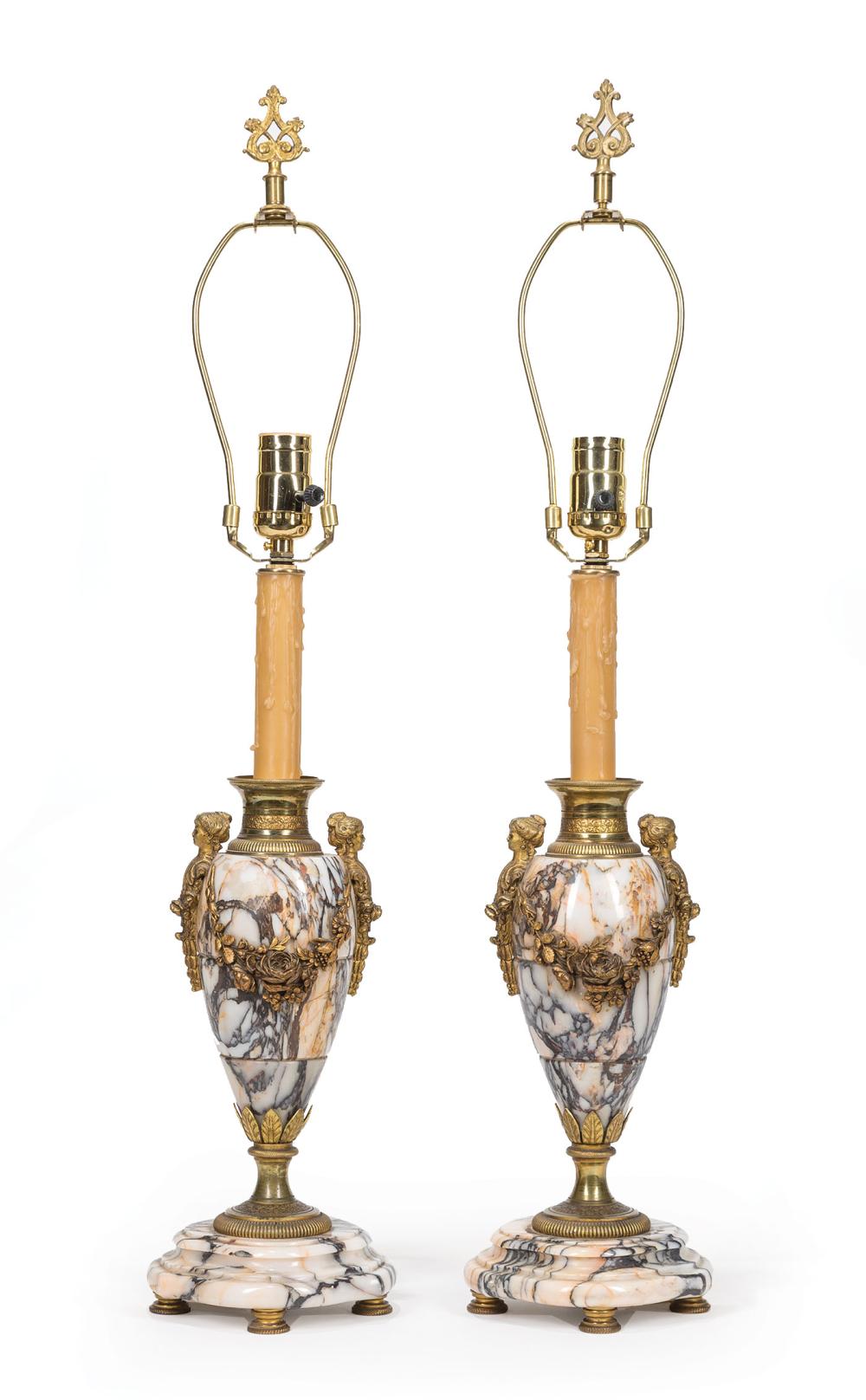 Appraisal: Pair of French Gilt Metal-Mounted Marble Table Lamps h to