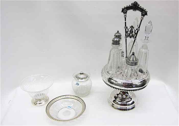 Appraisal: FIVE GLASS SILVER TABLEWARE ITEMS silverplated castor set having five