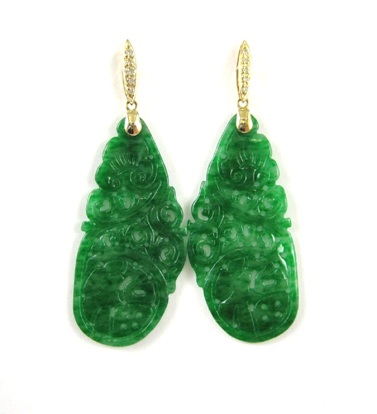 Appraisal: PAIR OF CARVED GREEN JADE DROP EARRINGS each with carved