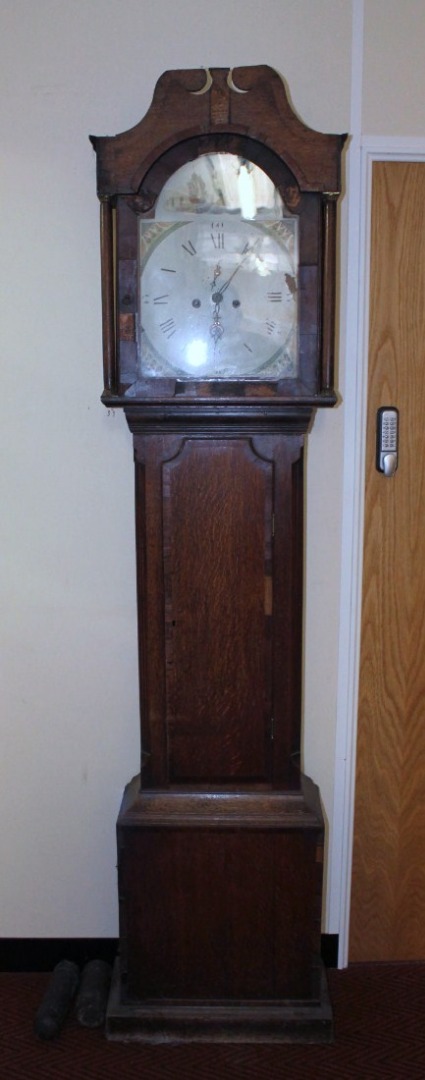 Appraisal: A thC oak and mahogany longcase clock the painted arched