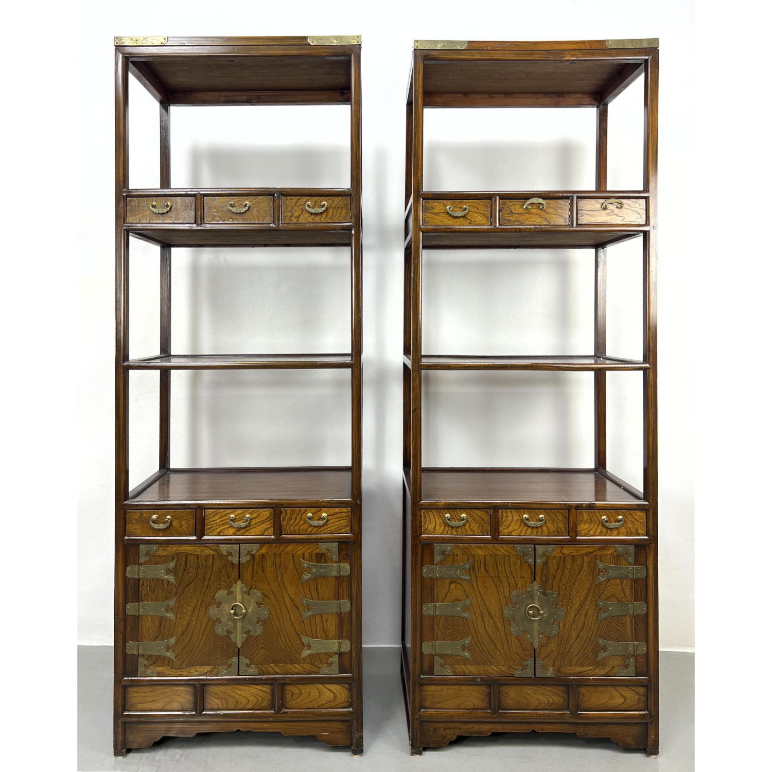 Appraisal: Pr Asian Burl Wood Etageres Display Shelves with small drawers