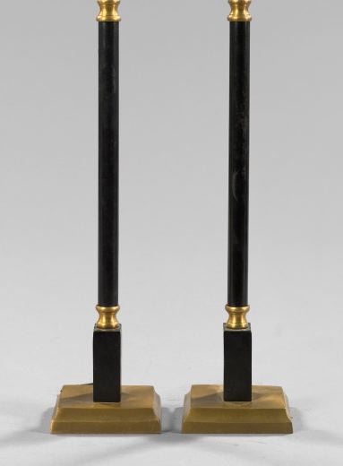 Appraisal: Graduated Pair of French Black Tole and Brass Candlestick Table