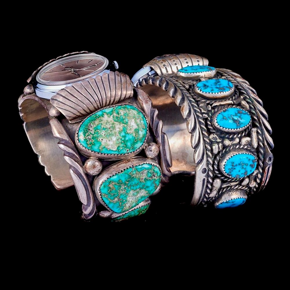 Appraisal: NAVAJO WATCH CUFF BRACELETS Two old pawn turquoise and silver