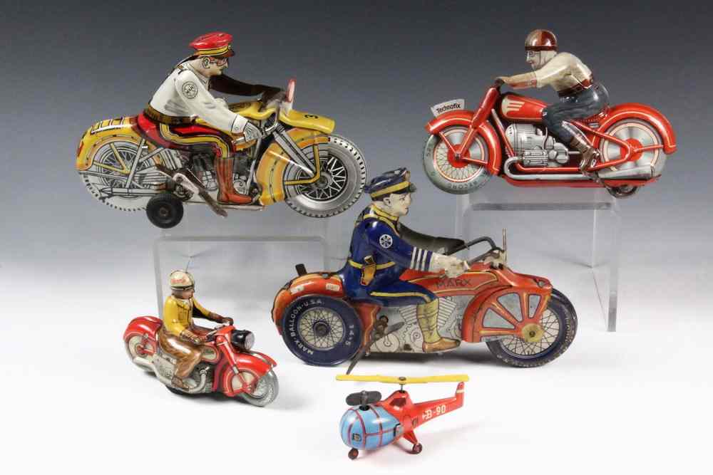 Appraisal: TIN LITHO MOTORCYCLES HELICOPTER - Including Marx Police Siren Motorcycle