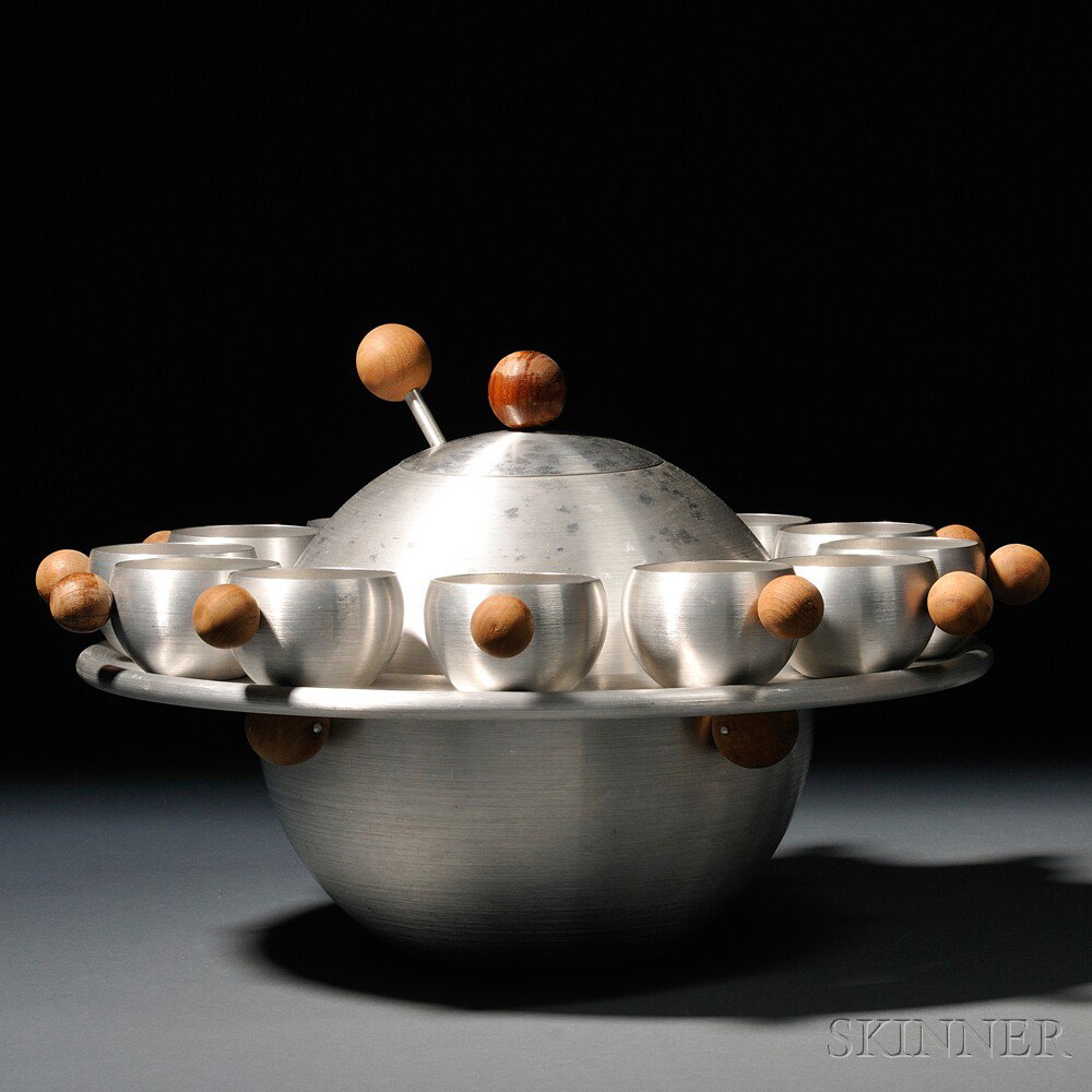 Appraisal: Russel Wright Saturn Punch Bowl Spun aluminum wood Russel Wright