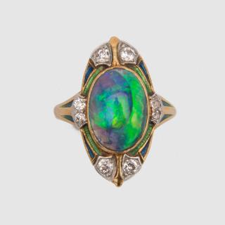 Appraisal: K Yellow Gold Platinum Black Opal Diamond and Enamel Ring