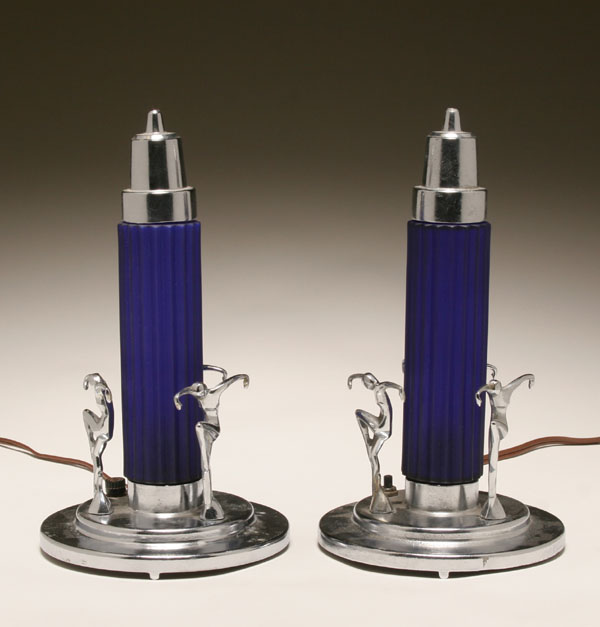 Appraisal: Pair Art Deco chrome dancers Ronson style lamps with cobalt