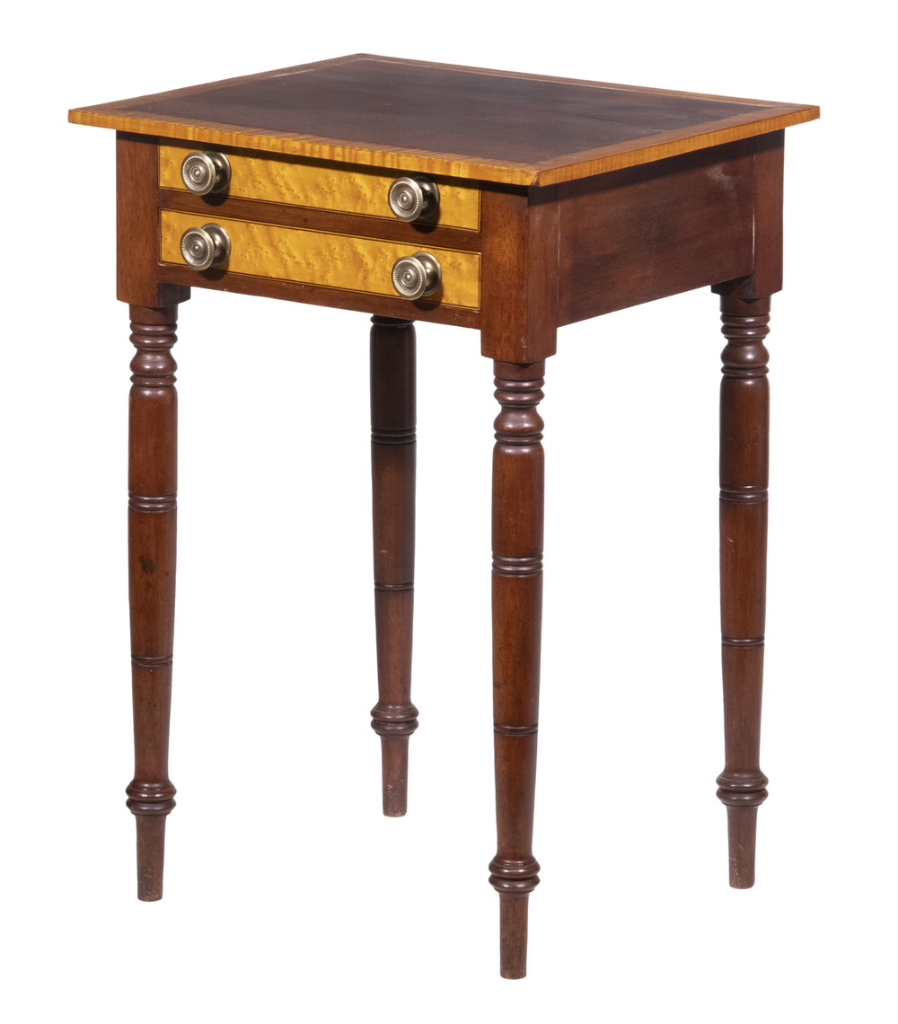 Appraisal: SHERATON TWO-DRAWER STAND th c Mahogany Maple Side Table top