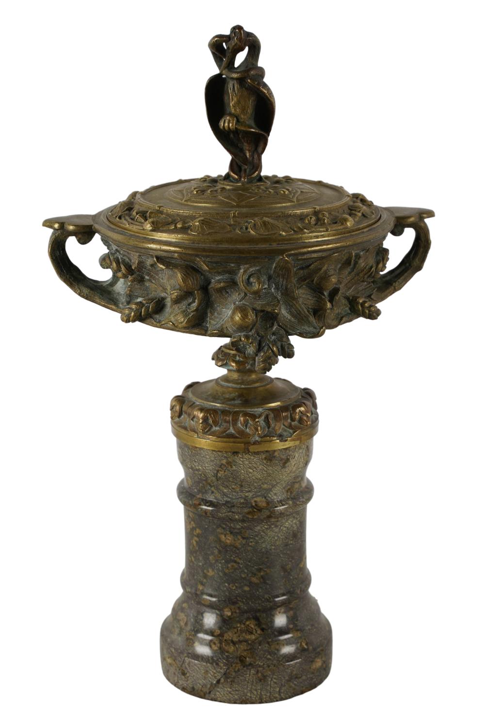 Appraisal: FRENCH BRONZE MARBLE URNwith a covered gilt bronze top and