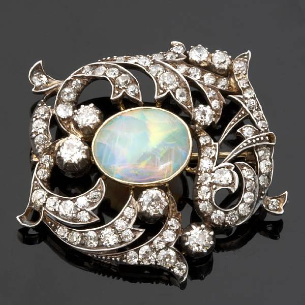 Appraisal: An opal and diamond brooch circa set with old European-cut