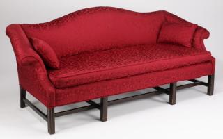 Appraisal: Federal style camel back sofa in red damask l Federal