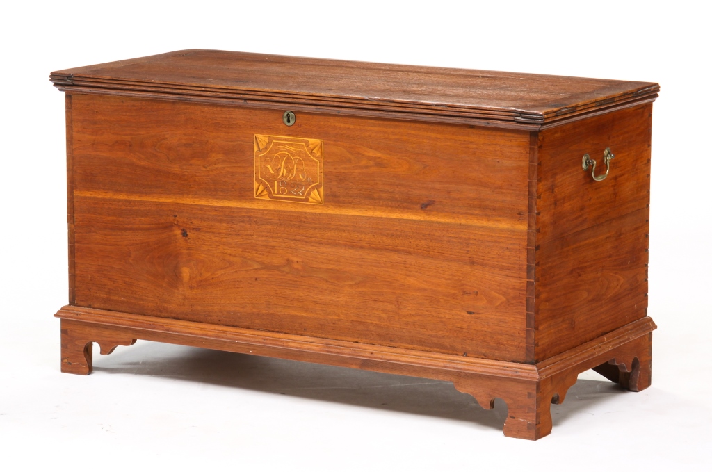 Appraisal: AMERICAN INLAID BLANKET CHEST Walnut with inlaid initials and date