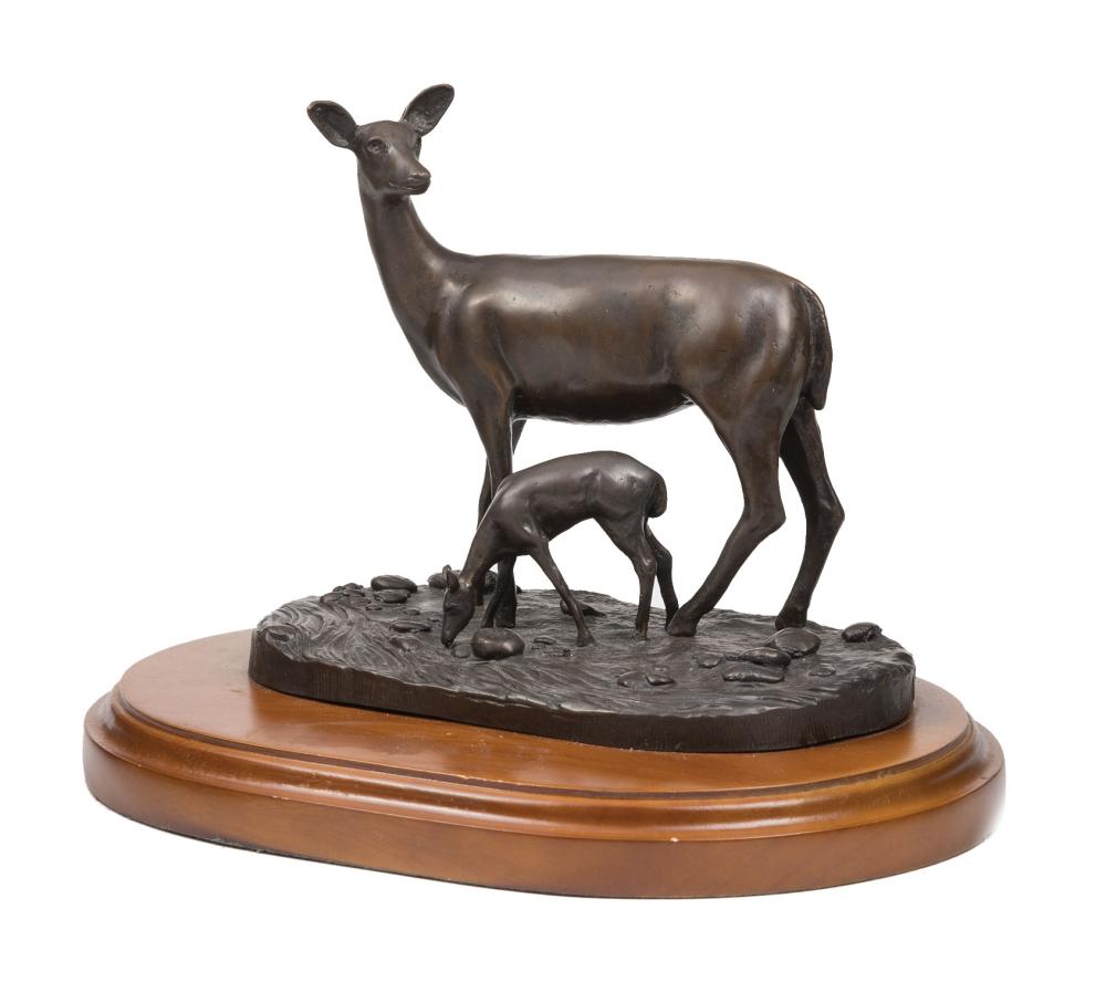 Appraisal: Bronze Figural Group of a Doe and Fawn on a