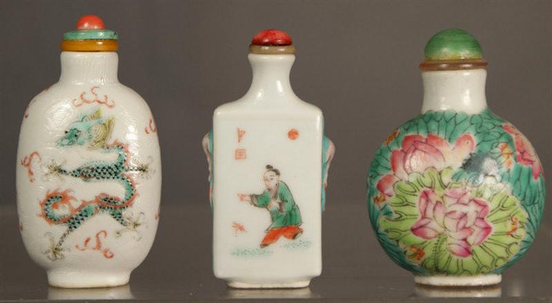 Appraisal: enameled porcelain snuff bottles dragon figural and floral designs th