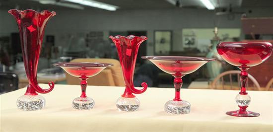 Appraisal: FIVE PIECES OF RUBY RED ART GLASS With clear air