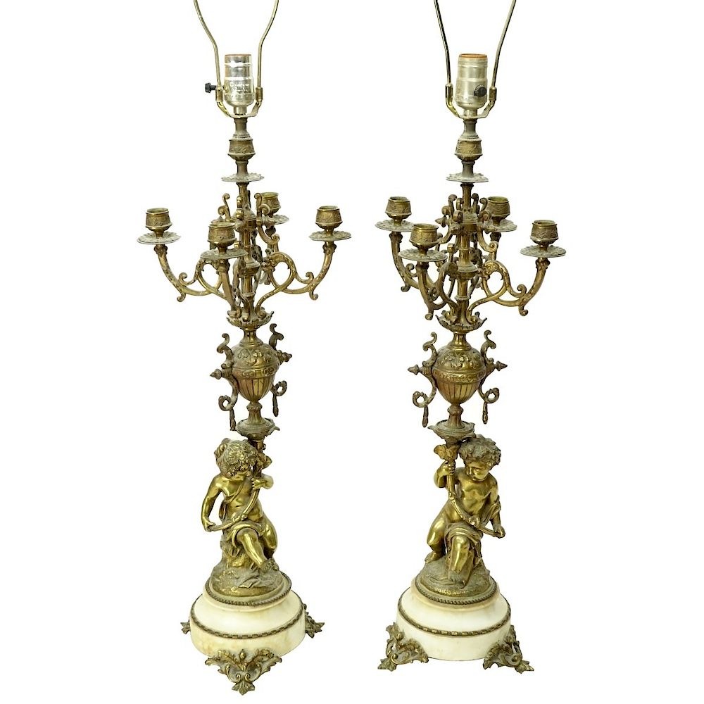 Appraisal: Pair of Candelabras Pair of Gilt Bronze and Marble Putti