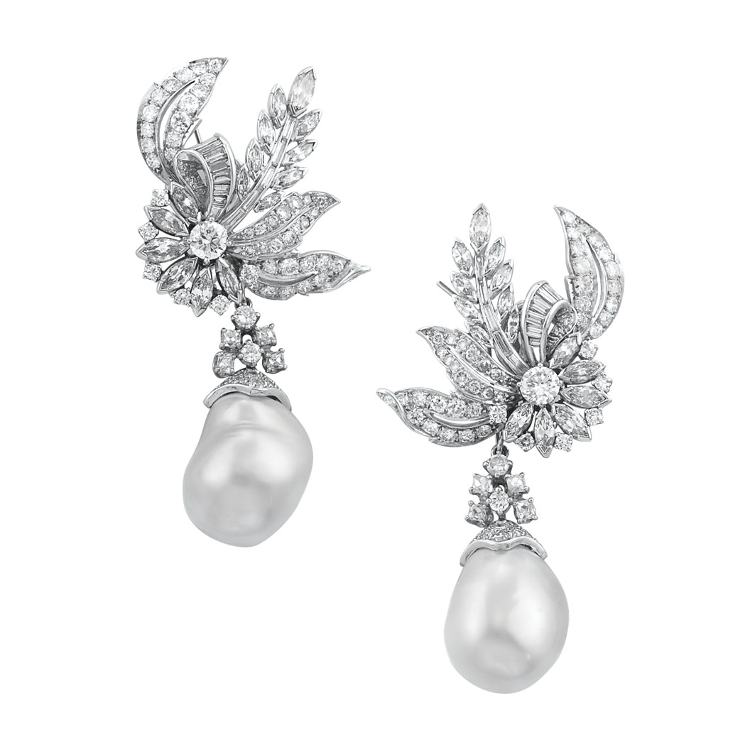 Appraisal: Pair of Platinum Diamond and Baroque Cultured Pearl Pendant-Earclips Topped