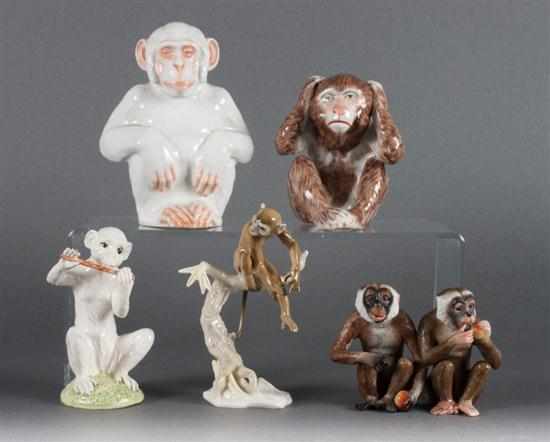 Appraisal: Six Continental porcelain monkey figures th century figures include chimpanzees