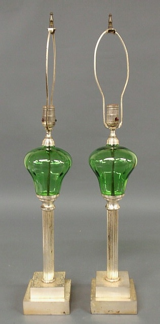 Appraisal: Pair of metal lamps with green fonts c h top