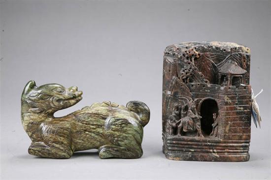 Appraisal: TWO ASIAN STONE CARVINGS Probably both are soapstone Green dragon