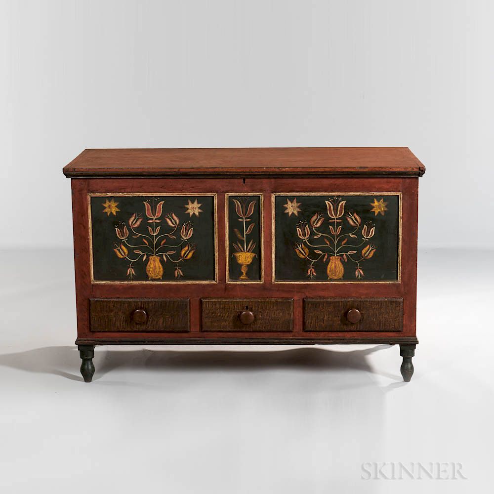 Appraisal: Painted and Paint-decorated Poplar Blanket Chest over Three Drawers Painted