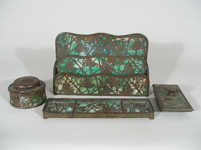 Appraisal: Signed Four-Piece Tiffany Desk Set early th c Grapevine pattern