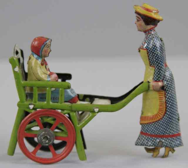 Appraisal: WOMAN PUSHING CHILD IN CHAIR STYLE PRAM PENNY TOY Meier