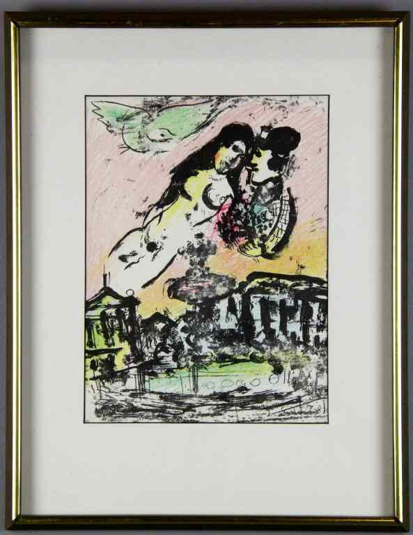 Appraisal: Marc Chagall Original Color Lithograph on PaperDepicting lovers floating in