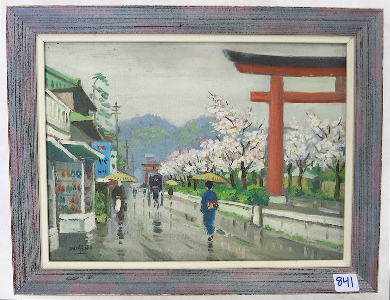 Appraisal: HAYASHI NOBUO OIL ON CANVAS Japan born Figures with umbrellas