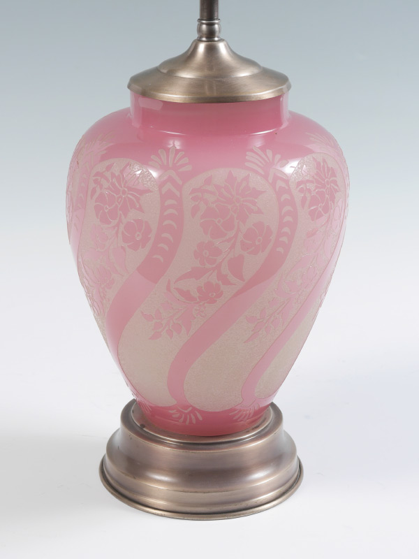 Appraisal: STEUBEN CUT BACK ROSALINE ALABASTER LAMP Repeating floral pattern rosaline