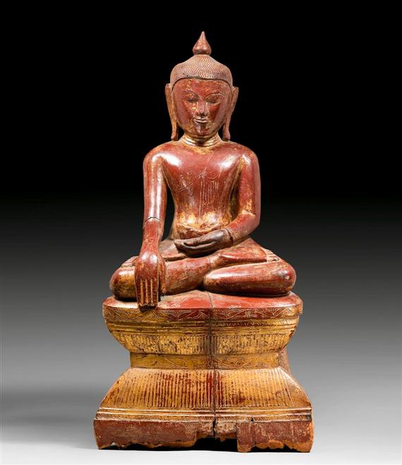 Appraisal: A WELL MODELLED AND LACQUERED WOOD BUDDHA SHAKYAMUNI Burma th