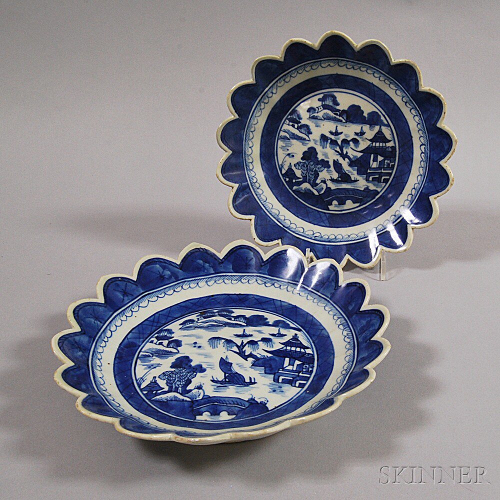 Appraisal: Two Blue and White Canton Dishes China with foliate rims