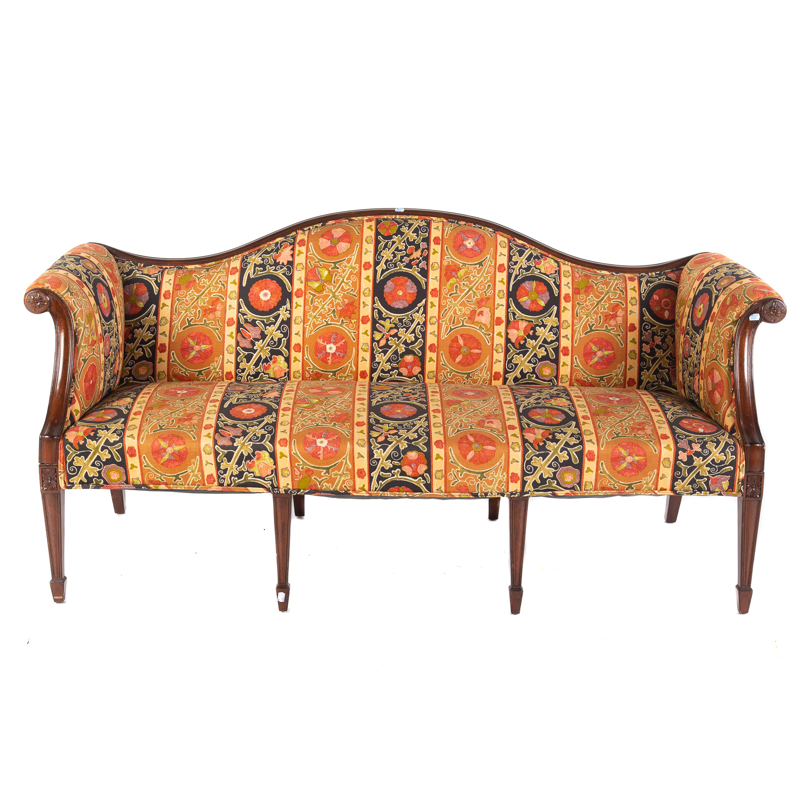 Appraisal: GEORGE III MAHOGANY CAMELBACK UPHOLSTERED SOFA Circa - with square