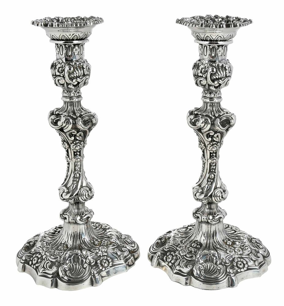 Appraisal: Pair George IV English Silver Candlesticks Sheffield scroll floral and