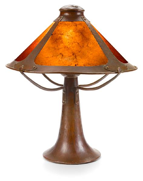 Appraisal: A Dirk van Erp hammered copper and mica lamp circa