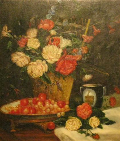 Appraisal: UNKNOWN ARTIST th c STILL LIFE WITH ROSES AND CHERRIES