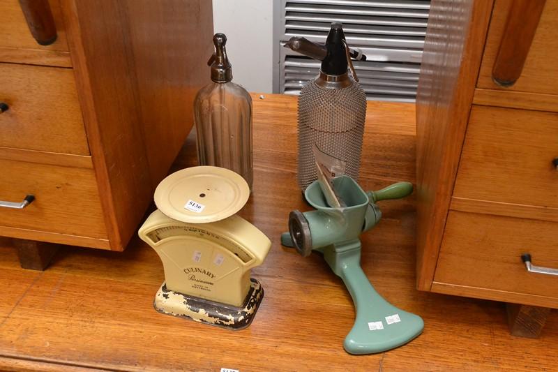 Appraisal: GROUP LOT OF SODA SYPHONS SCALES AND GREEN ENAMEL MINCER