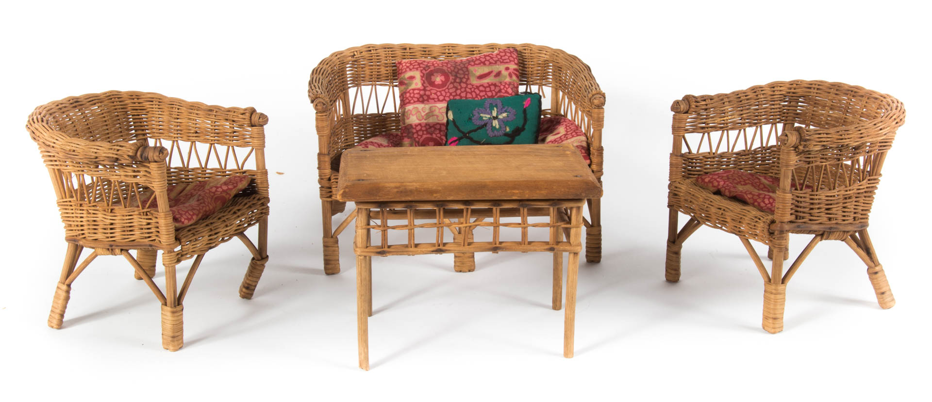 Appraisal: Four-piece doll wicker patio suite early th century comprising settee