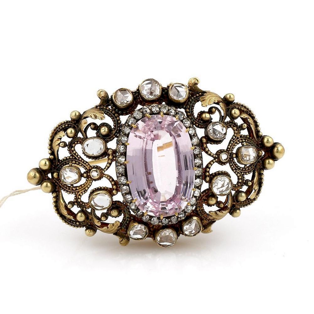 Appraisal: K Yellow Gold Kunzite and Rose Cut Diamond Pin Brooch