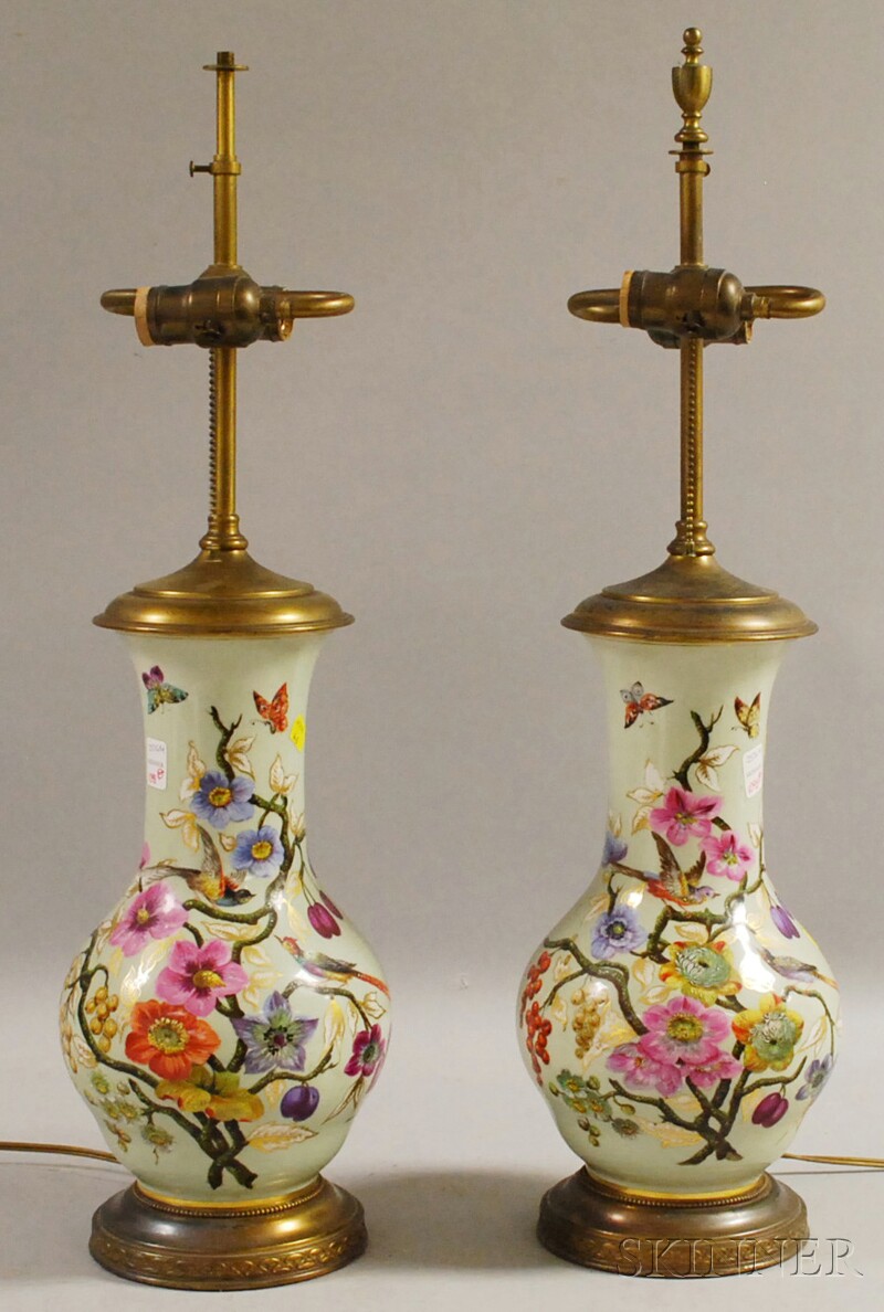 Appraisal: Pair of Hand-painted Floral and Fruit-decorated Celadon Glazed Ceramic Vase