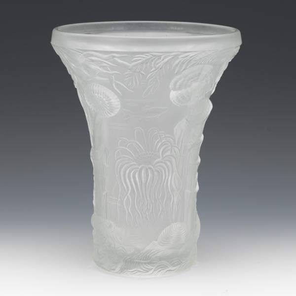 Appraisal: LALIQUE STYLE FROSTED CRYSTAL GLASS SEA LIFE VASE SIGNED REN