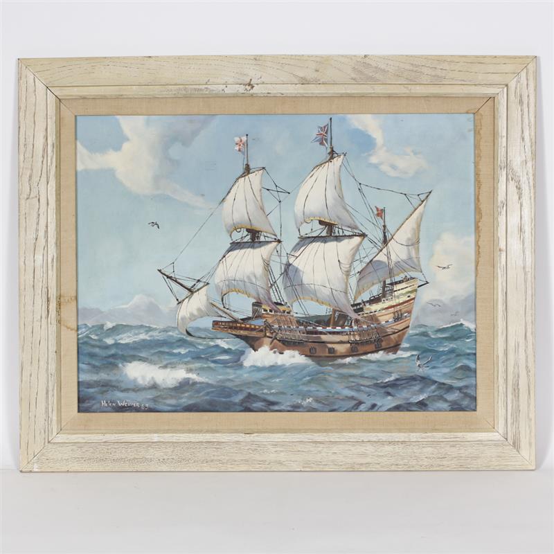 Appraisal: Mayflower II vintage ship painting oil on canvas signed Helen