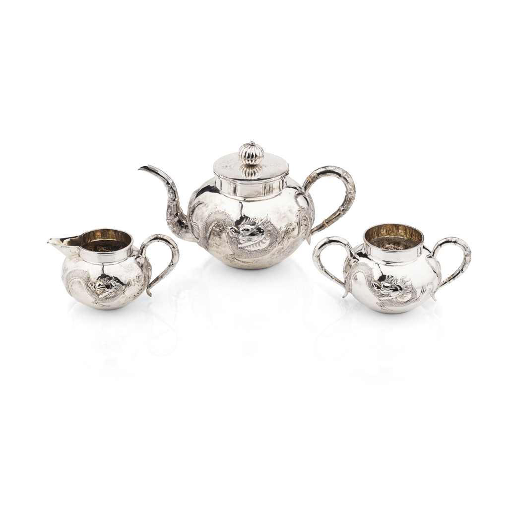 Appraisal: EXPORT SILVER THREE PIECE TEA SET WANG CHUNG HONG KONG