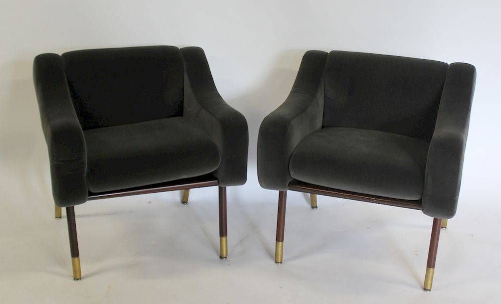 Appraisal: MIDCENTURY Pair Of Grey Velvet Upholstered Lounge Chairs Look to