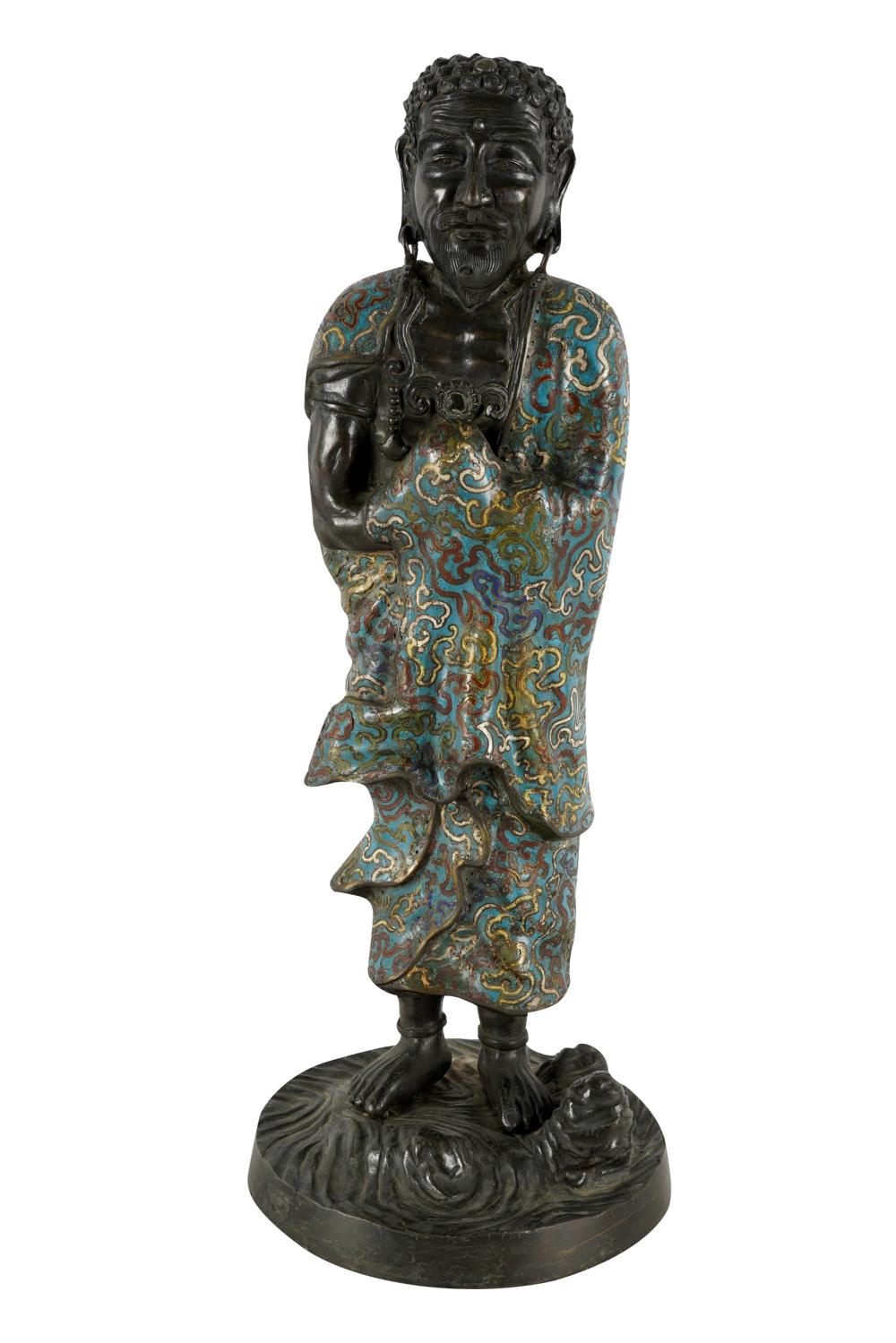 Appraisal: CHINESE CLOISONNE LOHANbronze figure with cloisonne robe Condition with scratches