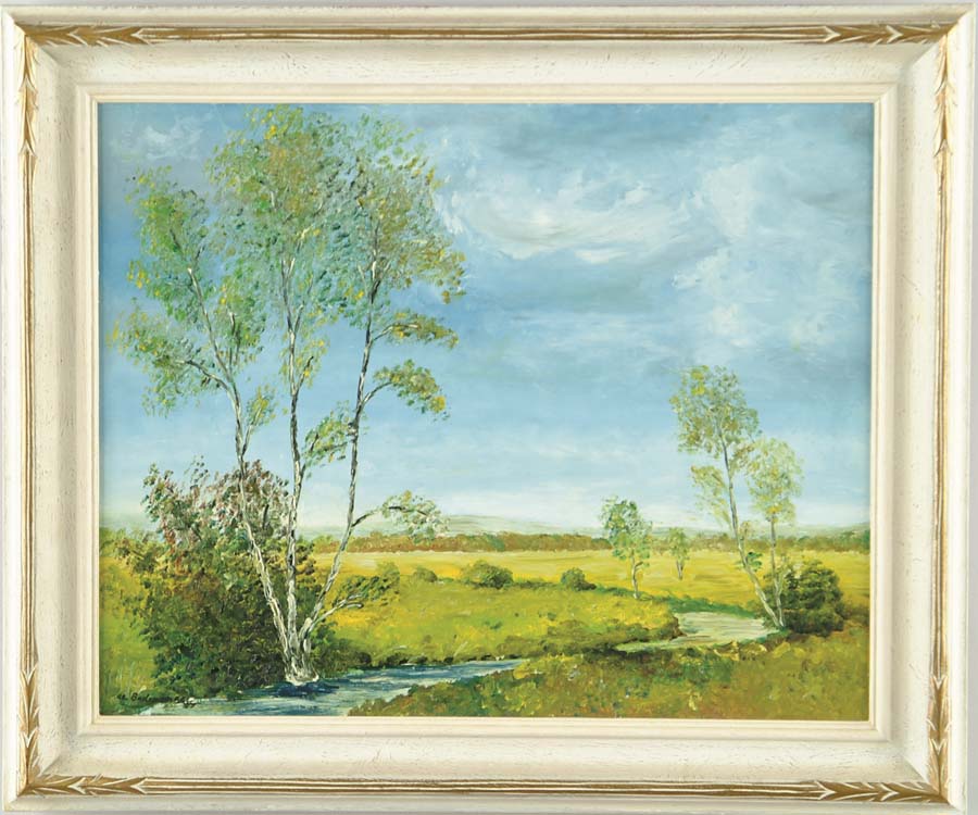 Appraisal: SIGNED Canadian th C SPRING LANDSCAPE WITH STREAM AND MEADOWS